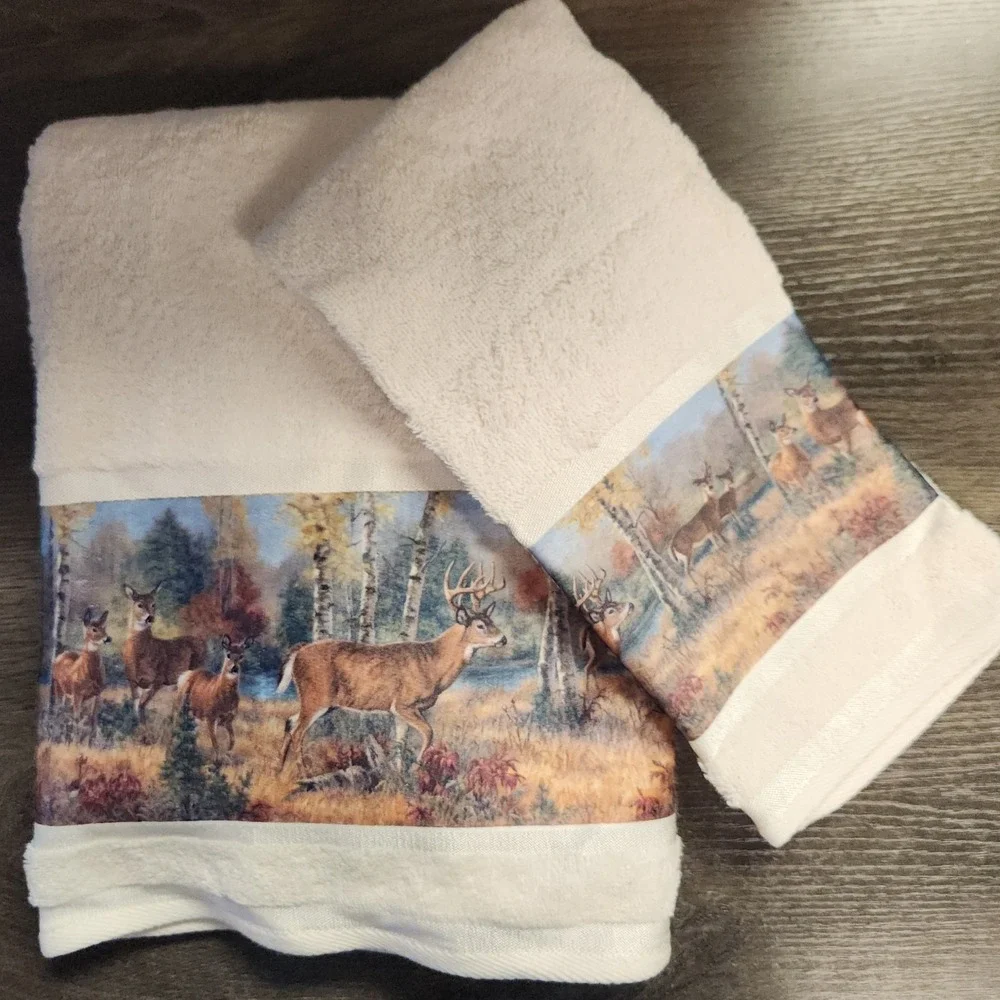 Vintage Towel Set Bath & Hand Woodland White Tail Deer Hunting Lodge Cottagecore